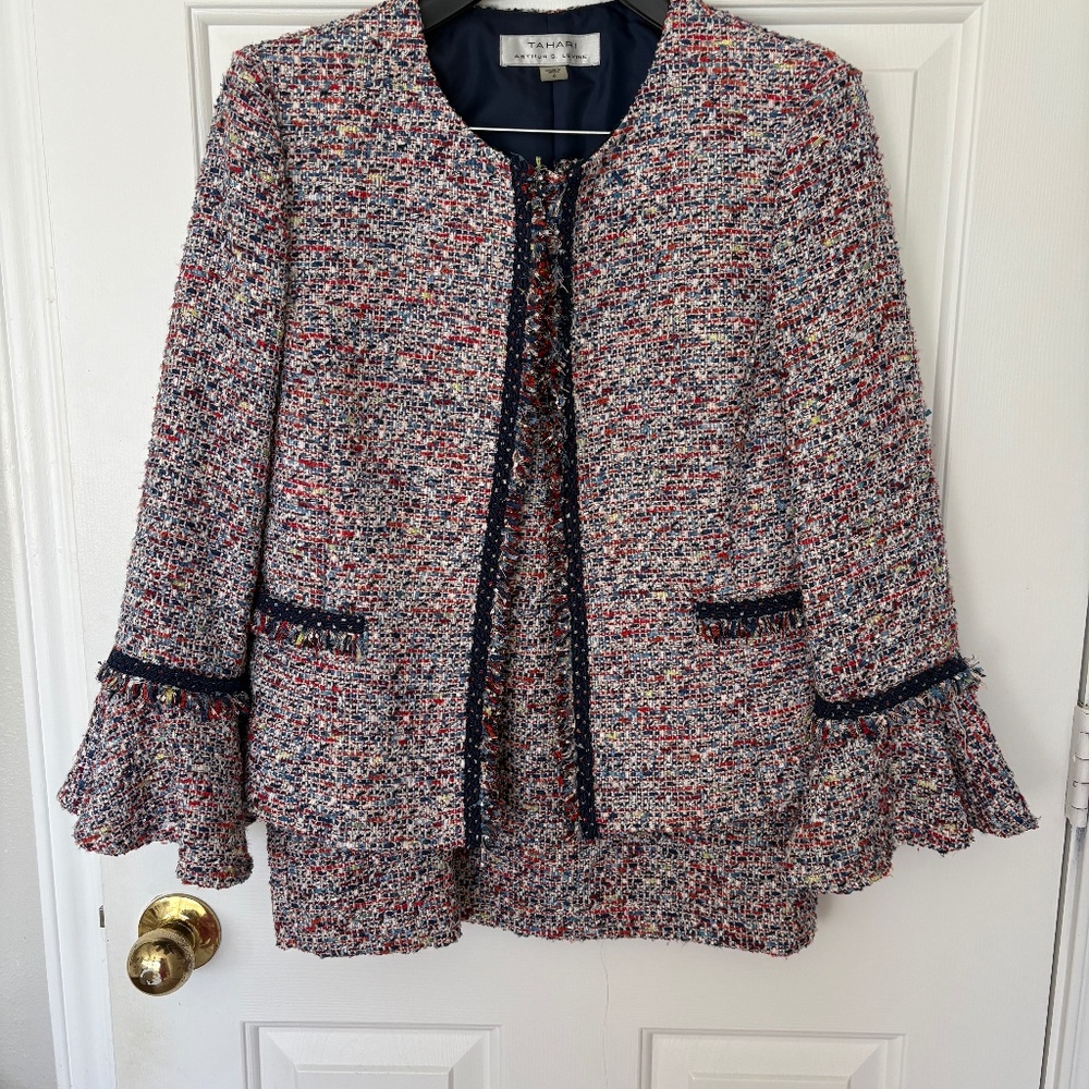 tahari multicolor tweed jacket and skirt set